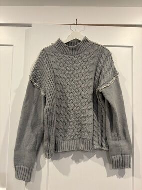 Little mountain Cozy Cable Knit Mock Neck Sweater - blue- Gray